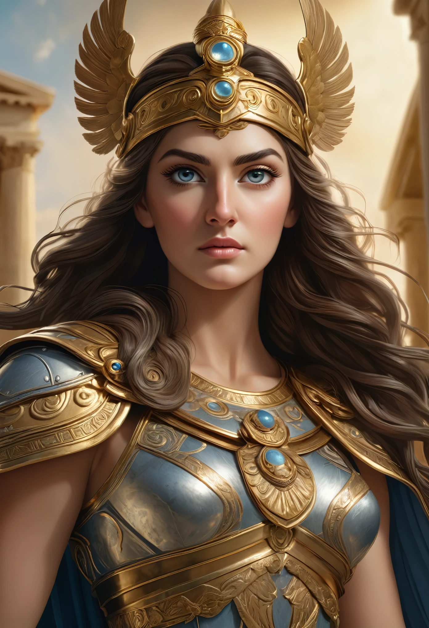 a detailed portrait of the greek goddess athena, goddess of wisdom and war, hyperrealistic, extremely detailed face and eyes, intricate ornate armor, flowing robes, majestic pose, dramatic lighting, cinematic composition, muted color palette, dramatic shadows, volumetric lighting, photorealistic, award winning digital art