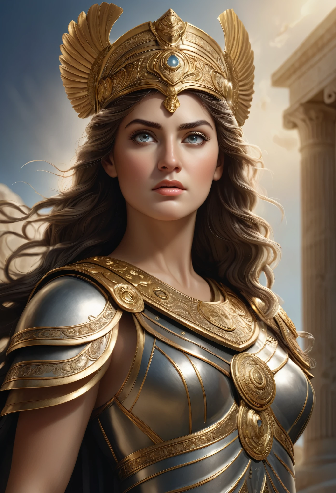 a detailed portrait of the greek goddess athena, goddess of wisdom and war, hyperrealistic, extremely detailed face and eyes, intricate ornate armor, flowing robes, majestic pose, dramatic lighting, cinematic composition, muted color palette, dramatic shadows, volumetric lighting, photorealistic, award winning digital art