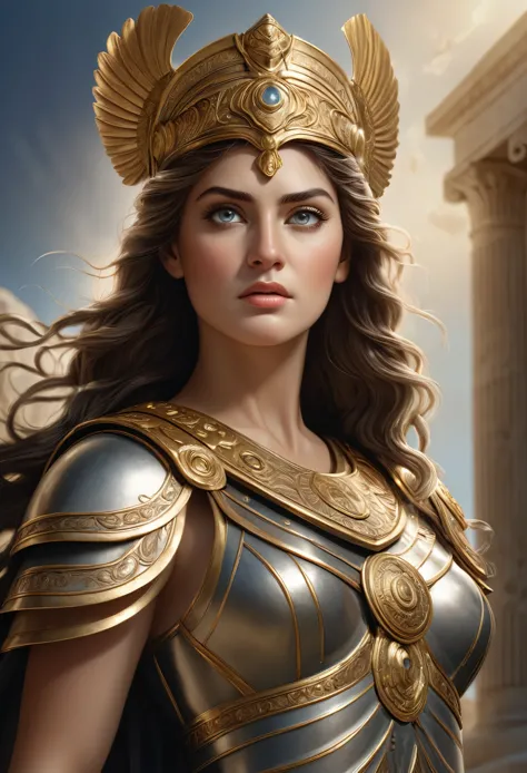 a detailed portrait of the greek goddess athena, goddess of wisdom and war, hyperrealistic, extremely detailed face and eyes, in...