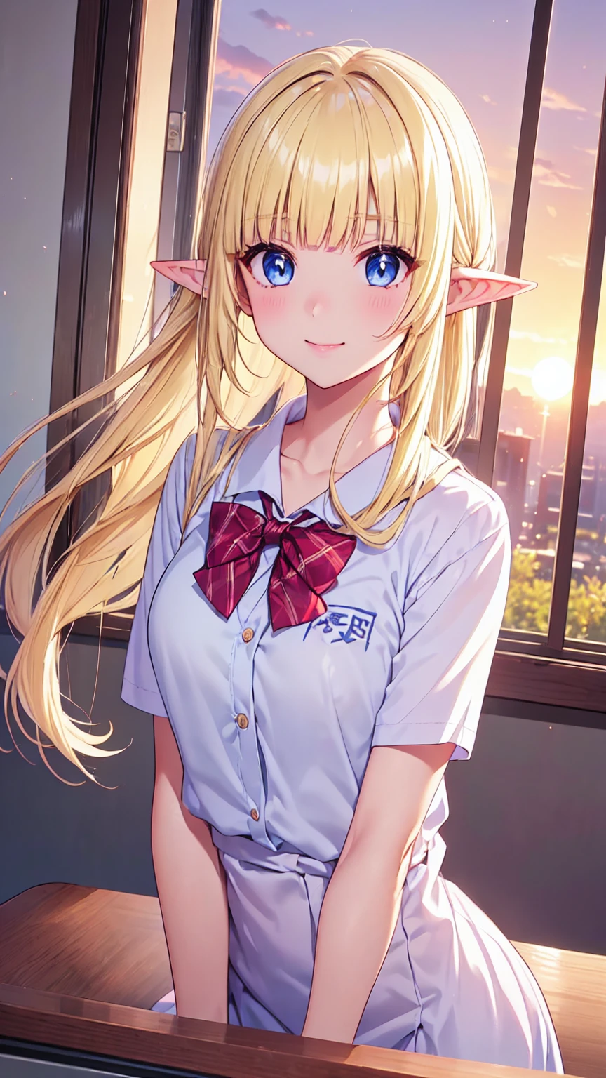 16k、masterpiece、High resolution、High resolution、((student))、((Young Elven Woman))、((Beautiful white skin))、((Beautiful blonde))、ponytail、Tie your hair with ribbons、((Beautiful Blue Eyes))、((Pointy Ears))、Smiling Kindly、blush、Pink Lip Gloss、Shiny skin、((茶色のブレザーのstudent服、bow tie、look at me、School classroom、window、sunset