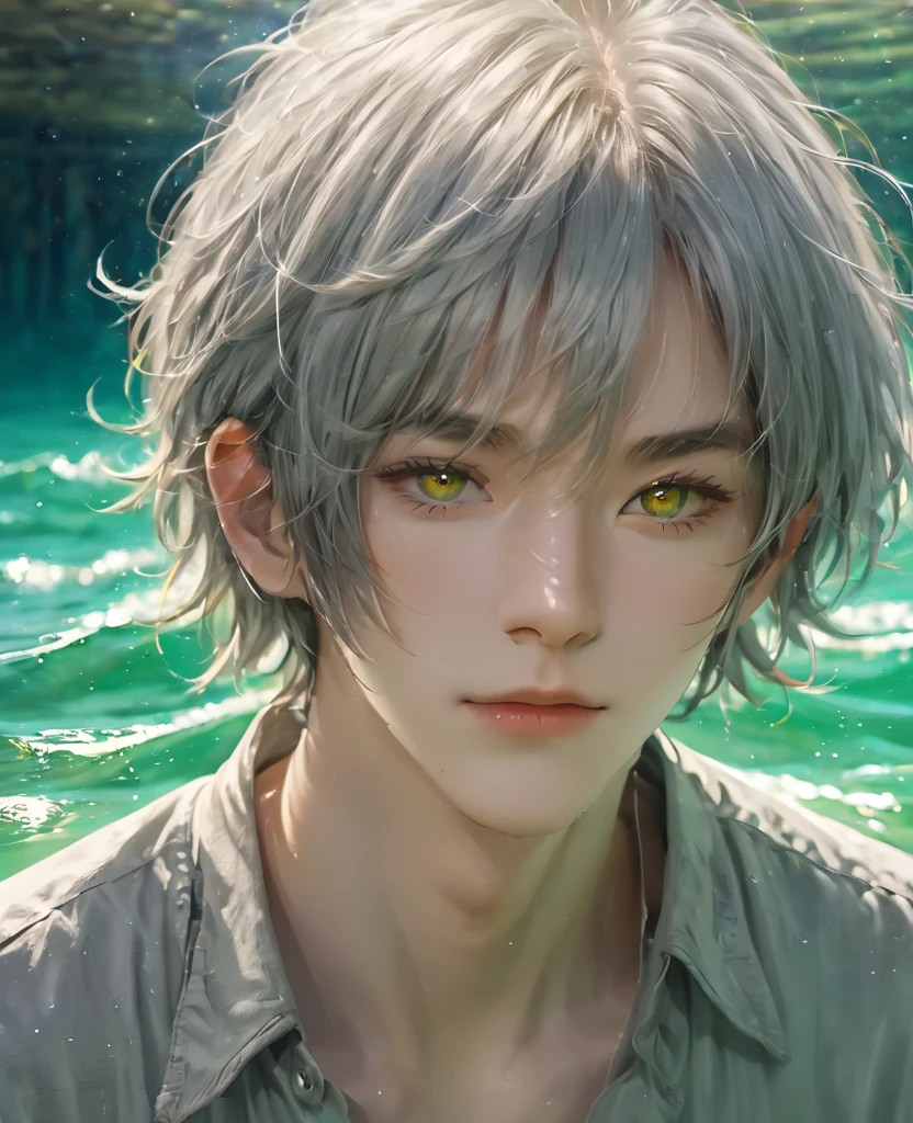 20-year-old boy with very light gray hair, long hair, white skin, thin. Golden amber eyes, with fine features. Fine face, beautiful face. With a worn, wet and transparent green shirt, collarless green shirt. With your gaze upward. Inside the sea, floating in the water, crystal clear water, sunset.
