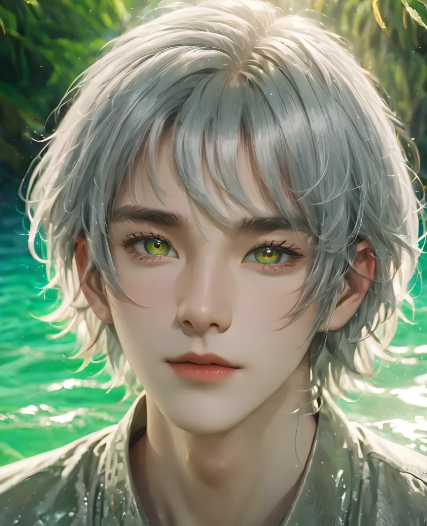 20-year-old boy with very light gray hair, long hair, white skin, thin. Golden amber eyes, with fine features. Fine face, beautiful face. With a worn, wet and transparent green shirt, collarless green shirt. With your gaze upward. Inside the sea, floating in the water, crystal clear water, sunset.
