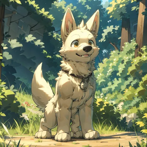 bolt the dog,master piecehigh quality,forest,perfect background,cute,smile,