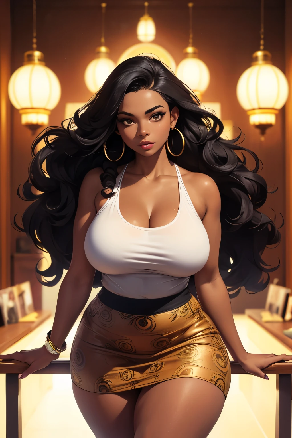 ((Masterpiece)), ((best quality)), ((highres)), black skin gorgeous woman with extremely long voluptuous curly black hair, African, big brown hoop earrings, wearing colored top and brown pattern mini skirt, curvy athletic frame