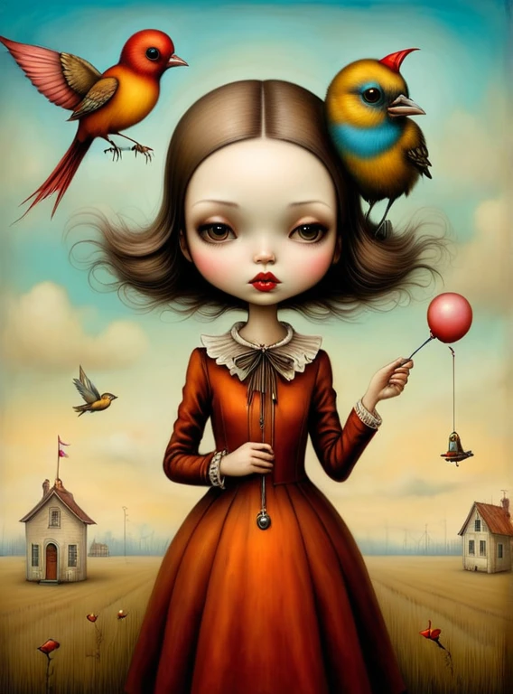 GTA-style artwork in the style of esao andrews,esao andrews style,esao andrews art,esao andrewsa girl with a bird in her hand, anton semenov, benjamin lacombe, mark ryden style, pop surrealism, lowbrow pop surrealism, style of mark ryden, dark surreal art, inspired by Mark Ryden, emotional surrealist art, mark ryden highly detailed, creepy surrealism, slicing the air pop surrealism, 1girl in the style of esao andrews, esao andrews . Satirical, exaggerated, pop art style, vibrant colors, iconic characters, action-packed