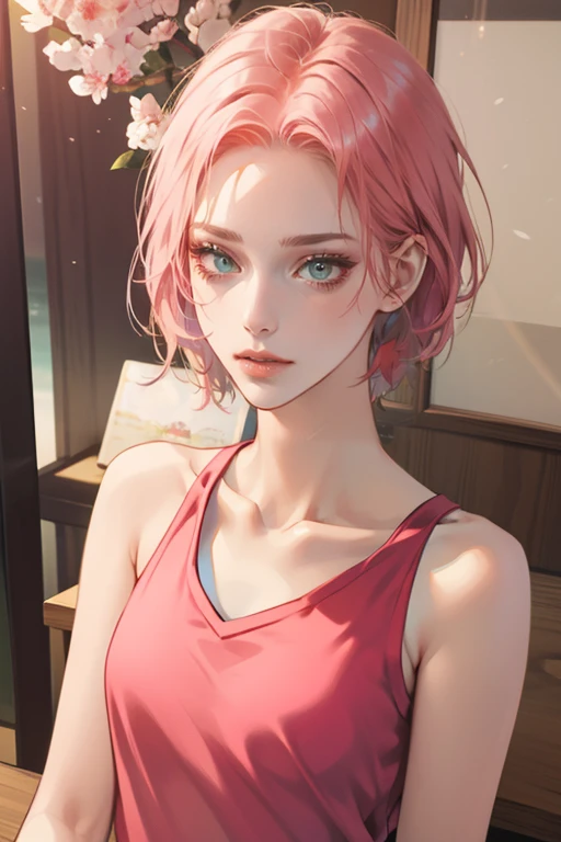 young woman, short shoulder-length pink hair, wide forehead, porcelain skin, pink eyebrows, big emerald green eyes, buttoned nose, full lips, heart-shaped face, slender body, small breasts, red tank top, Sakura Haruno , realistic, realism, details, 3d, well detailed
