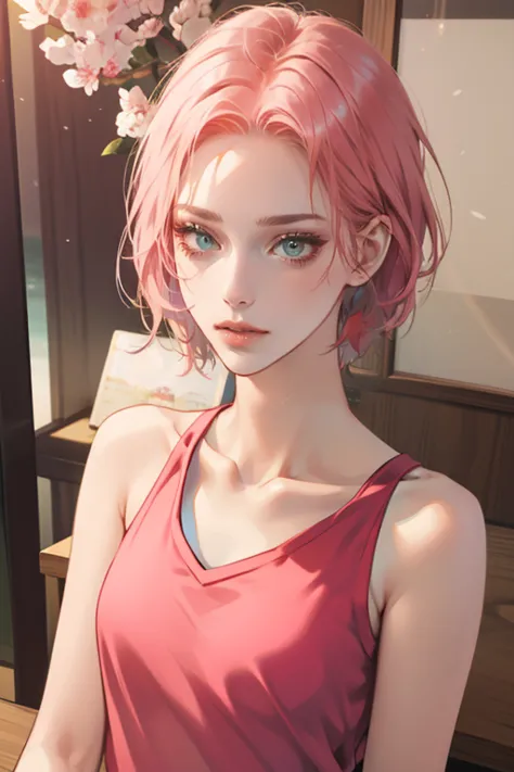 young woman, short shoulder-length pink hair, wide forehead, porcelain skin, pink eyebrows, big emerald green eyes, buttoned nos...