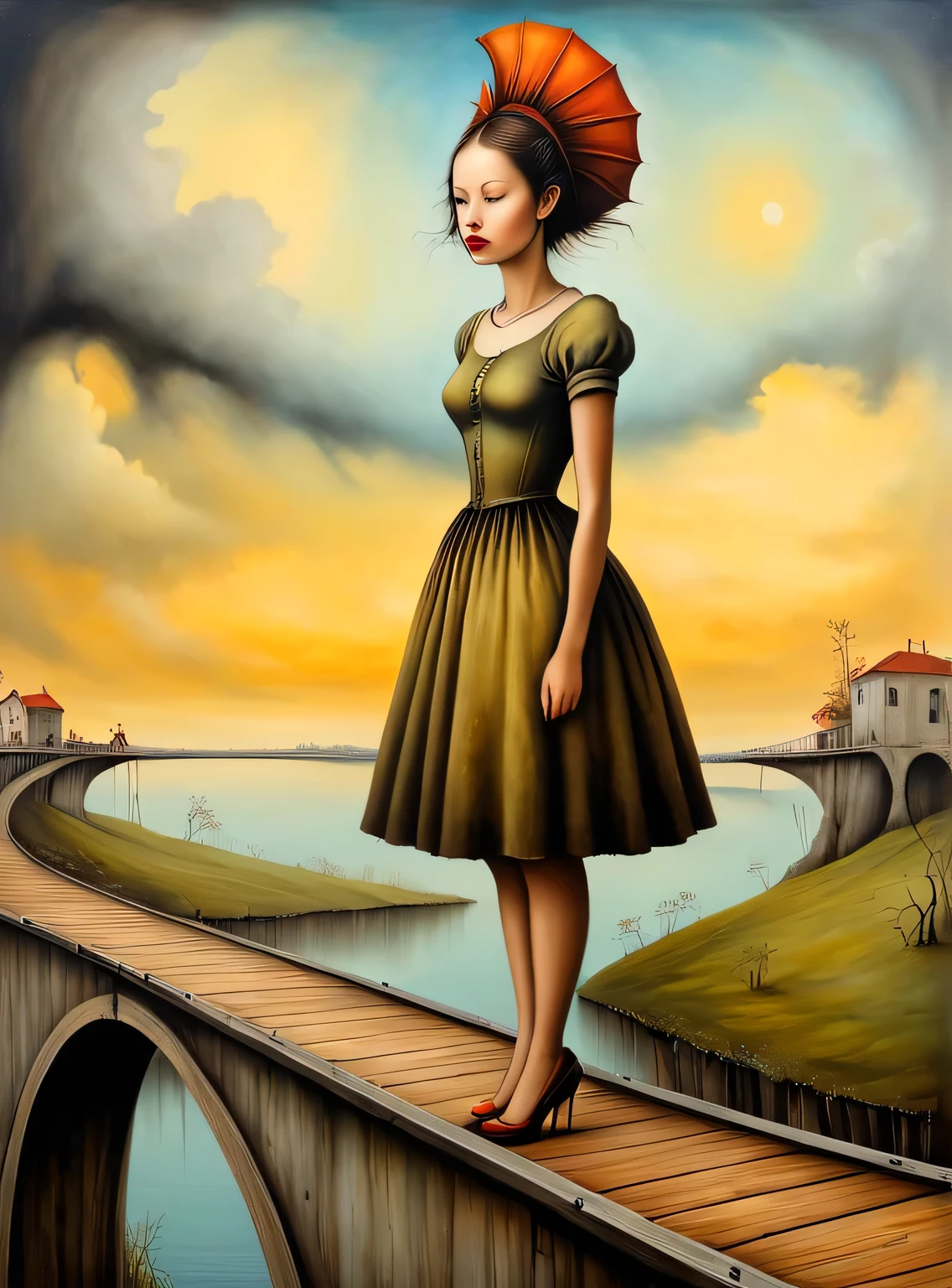 Hyperrealistic art in the style of esao andrews,esao andrews style,esao andrews art,esao andrewsa painting of a girl standing on a bridge, surrealist painting, a surrealist painting, surreal oil on canvas, surrealist oil painting, surrealism oil on canvas, surrealist landscape, surrealist landscape painting, surreal oil painting, magically shaped surrealism, style of surrealism, surreal painting, surrealist artwork, surrealism painting, inspired by Remedios Varo . Extremely high-resolution details, photographic, realism pushed to extreme, fine texture, incredibly lifelike