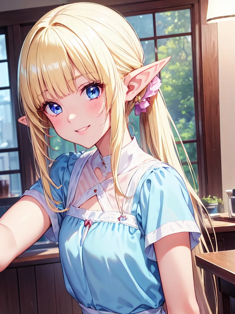 Very close、((Focus on the upper body))、16k、masterpiece、High resolution、High resolution、((1 young elven female))、((Beautiful white skin))、((Beautiful blonde))、((Small breasts))、ponytail、((Beautiful Blue Eyes))、((Pointy Ears))、Smiling Kindly、Grin、blush、Pink Lip Gloss、Shiny skin、((Cute blouse))、、((Inside a retro coffee shop))、Courting Gaze、Courting me