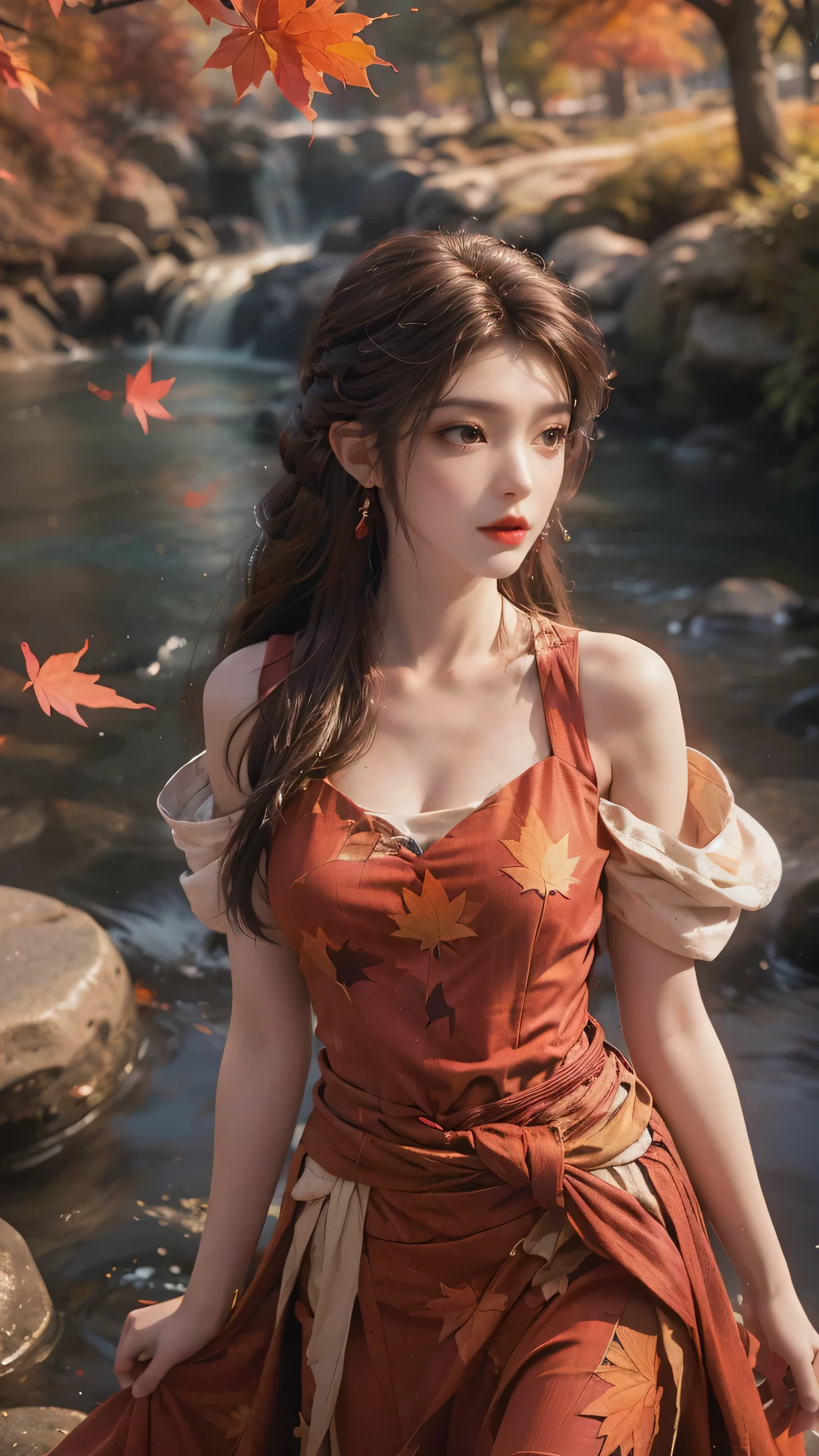 (fashion magazine cover:1.2),(full-size photograph:1.2),(a beautiful and delicate girl:1.1),gorgeous formal attire,fashion design,a tender and watery gaze,elegant,
((Dadaism)),(creek:1.1),maple leaf,warm and delicate sunshine,falling maple leaves,