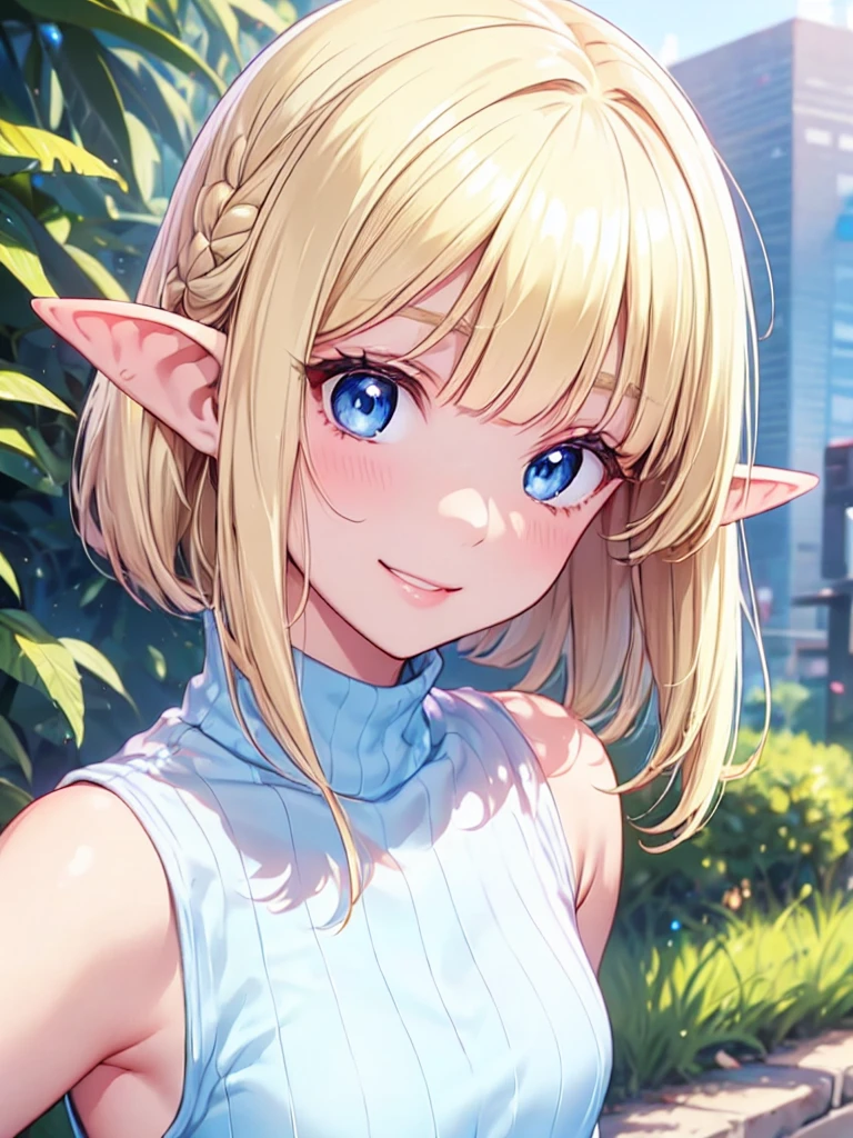 Very close、((Focus on the upper body))、16k、masterpiece、High resolution、High resolution、((1 young elven female))、((Beautiful white skin))、((Beautiful blonde))、((Small breasts))、Bun Head、Short Hair、((Beautiful Blue Eyes))、((Pointy Ears))、Smiling Kindly、Grin、blush、Pink Lip Gloss、Shiny skin、((Sleeveless Summer Sweater))、((In a crowded city))、Courting me