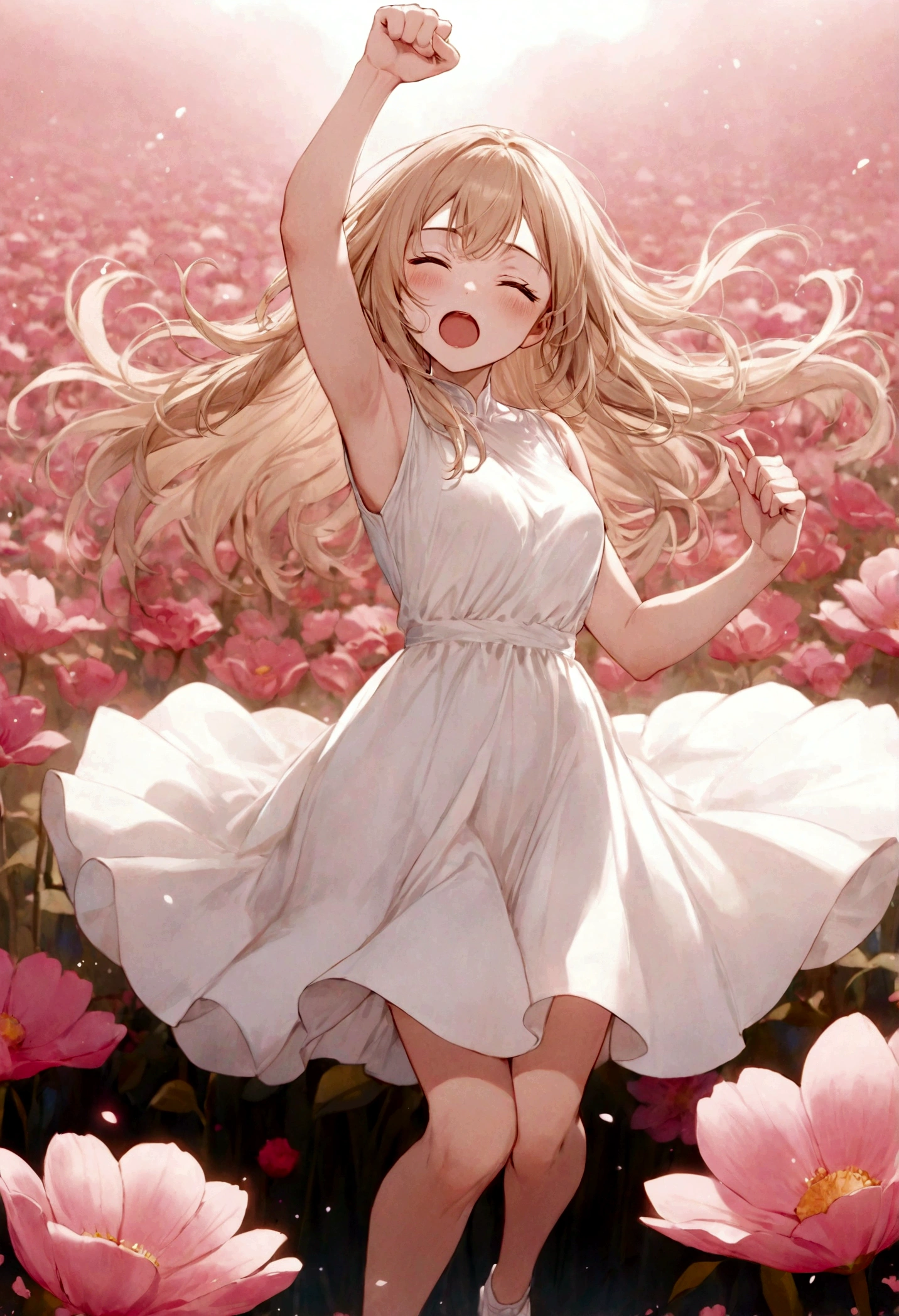 A goddess with long, straight beige hair in a white dress, with one hand raised in a fist and jumping in the air with her eyes closed and her mouth wide open　The background is a pink flower field