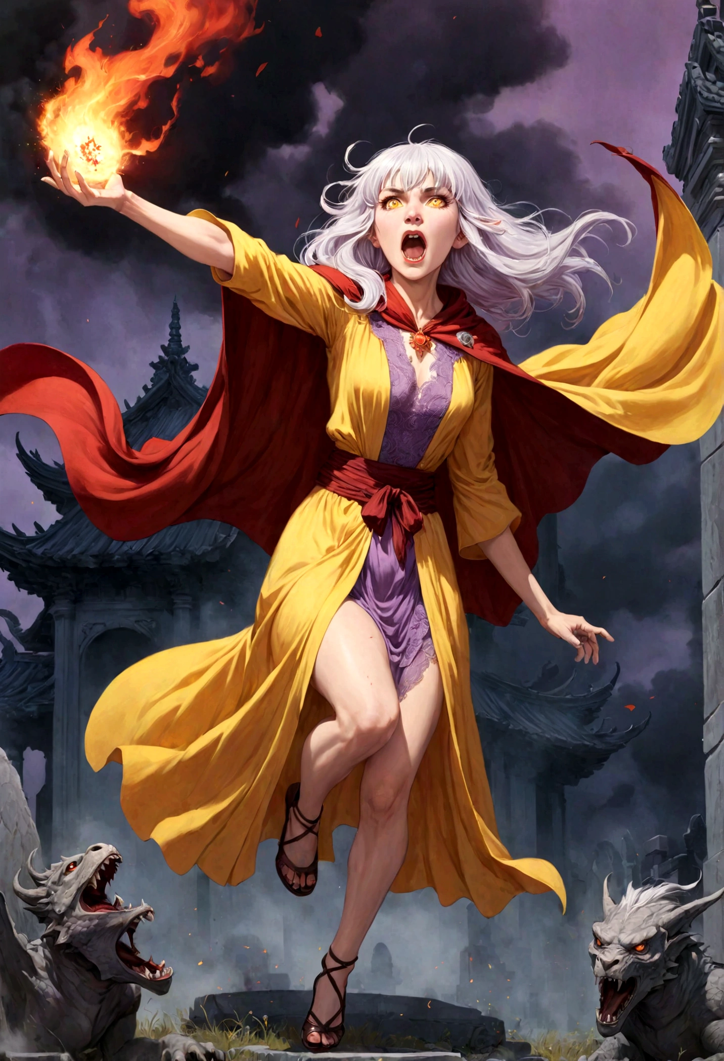(Ultra-detailed face, Roar, shout:1.3), (Fantasy Illustration with Gothic & Ukiyo-e & Comic Art), (Full Body, A middle-aged elf woman with white hair, blunt bangs, Very Very long disheveled hair, lavender eyes), (She is wearing a yellow cape dress with blood-stained lace), (With a shout, he jumps up and strikes a bold pose, flames exploding in the center of his hands), BREAK (In the background, an old temple and a cemetery can be seen, and the flames of a dragon turn the area red)