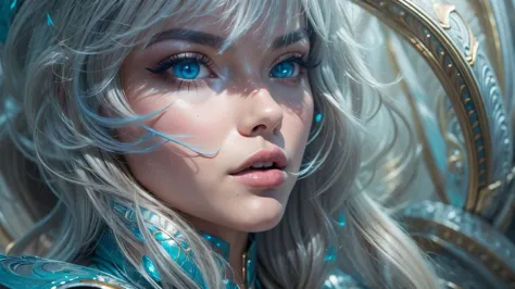 a close up of a woman in a silver and blue dress, chengwei pan on artstation, by Yang J, detailed fantasy art, stunning characte...