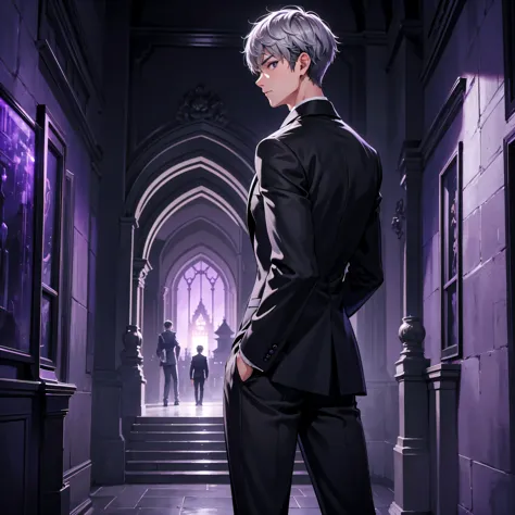 1boy, short grey hair, black eyes, wearing all black suit, castle with purple lights, midnight, dark purple lights, full moon, h...