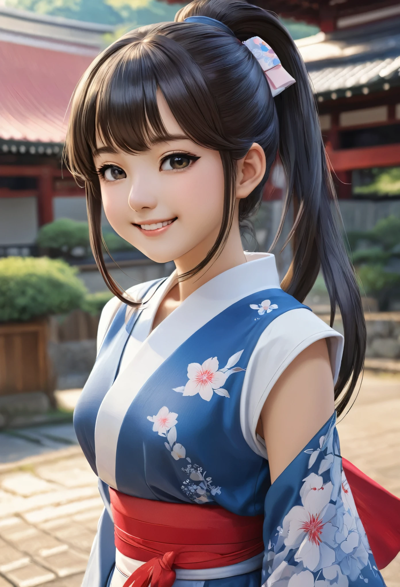 No sleeve, ponytail, Japanese Girls, 8K,  highest quality, masterpiece, Realistic, Photorealistic Super Detail, One Girl, cute, Best Smile, Beautiful Eyes, Long Hair, Perfect Face,Full Body Shot