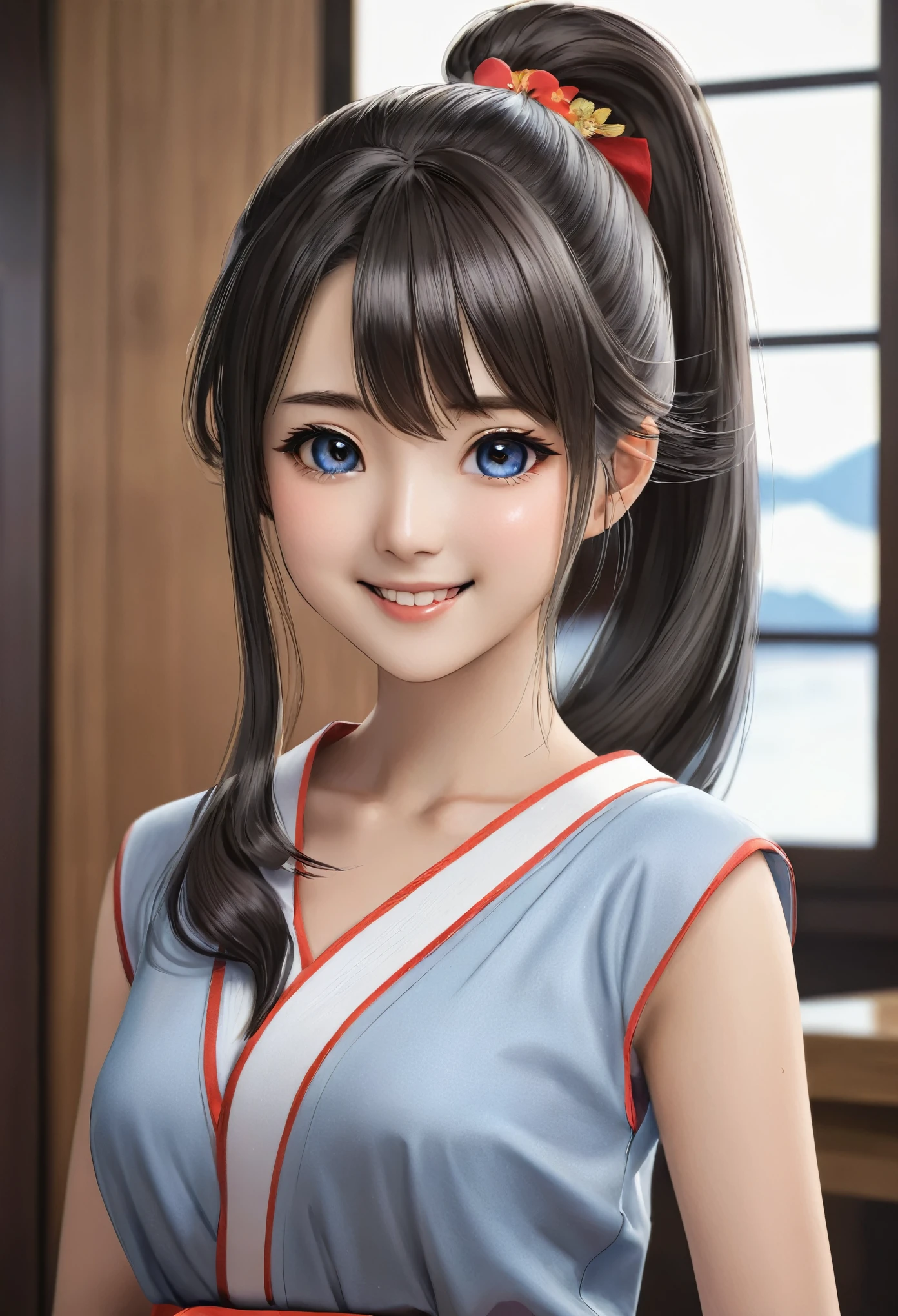 Sin manga, cola de caballo, chicas japonesas, 8K,  de la máxima calidad, obra maestra, Realista, Súper detalle fotorrealista, Una chica, lindo, la mejor sonrisa, Ojos bonitos, pelo largo, cara perfecta,tiro de cuerpo completo