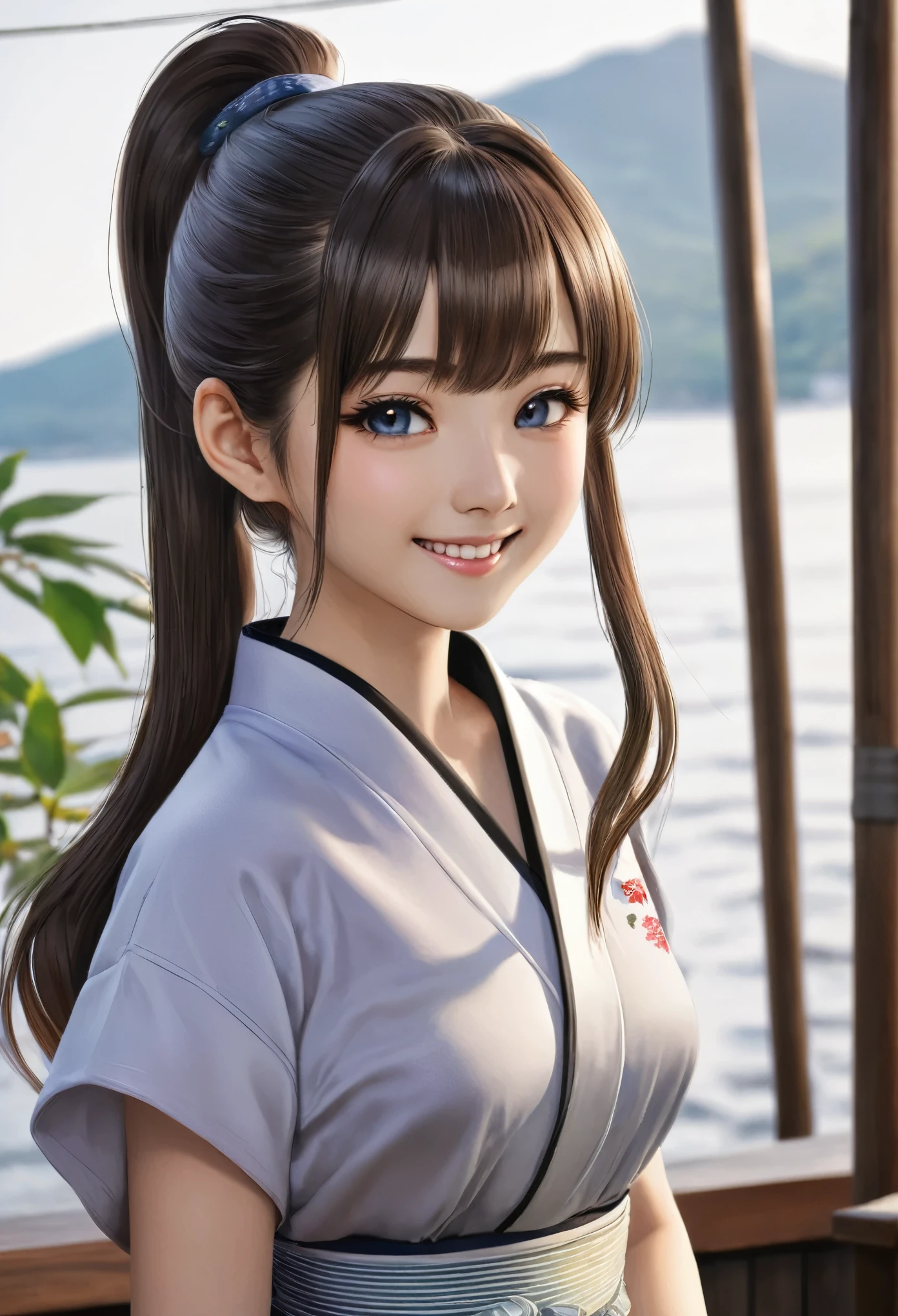 No sleeve, ponytail, Japanese Girls, 8K,  highest quality, masterpiece, Realistic, Photorealistic Super Detail, One Girl, cute, Best Smile, Beautiful Eyes, Long Hair, Perfect Face,Full Body Shot