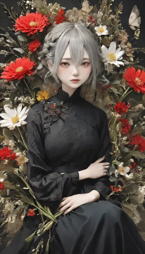 Beautiful woman、flower arrangement、Wabi-sabi art、Very detailed_face_eye、Very detailedなface、Black Dress、white、gray、red、parchment、...