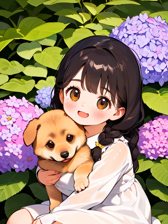 (highest quality,4K,8k,High resolution,masterpiece:1.2), Very detailed, (Deformed, Realistic, Realistic:1.3)，One Girl，cute，Very short stature，，Laughing happily, Brown eyes，length, fluffy, Black hair braids，White Dress，Cuddling a German Shepherd Dog，The dog is much bigger than the girl.，The dog is a German Shepherd，The background in early summer is the garden of a country house，Hydrangea，