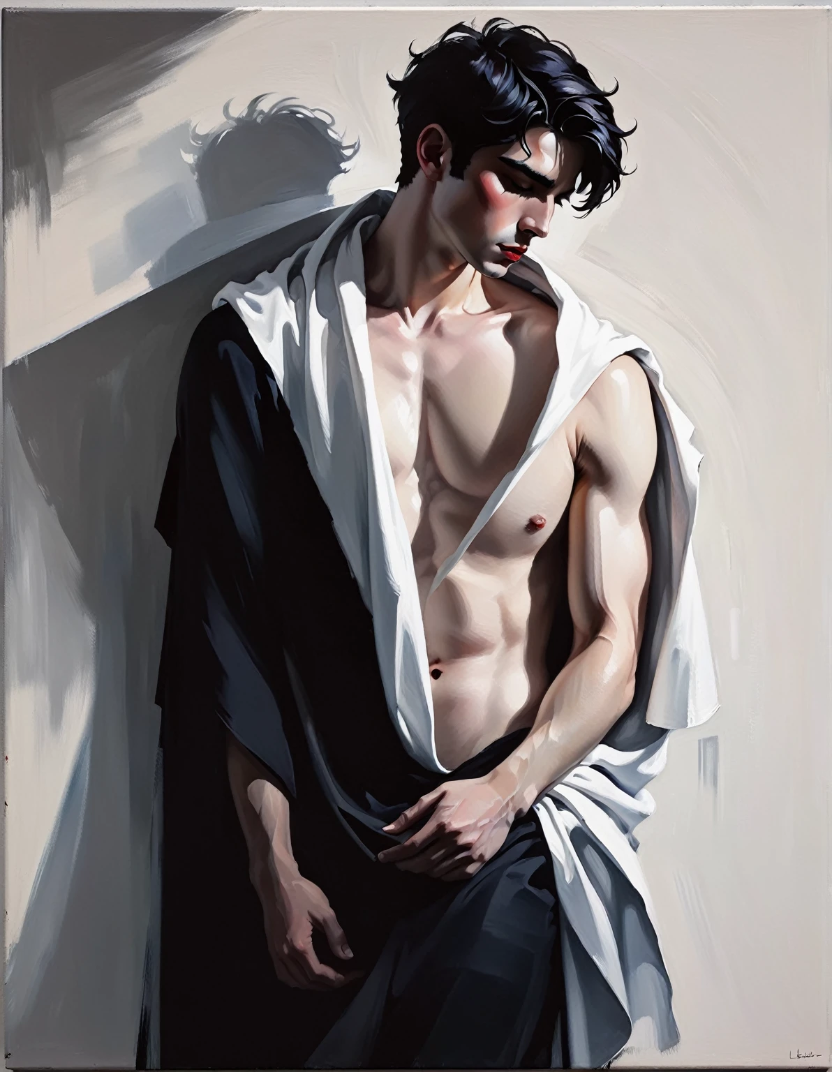 chiaroscuro technique on sensual illustration of an arafed man resting in white blanket, sexy masculine, model with attractive body, inspired by Ludovit Fulla, mid-shot of a hunky, the model draped in flowing, thick oil painting by Harumi Hironaka, extremely soft colors, vibrant, highly detailed, malcolm liepke painting, oil on canvas, high contrast, dramatic, refined, tonal, Create high contrast between light and shadow by Leon Polk Smith, memphis abstract minimal art, graphic shapes, minimal art, blue and red, minimal art style, bauhaus art, inspired by El Lissitzky, bold simple shapes, shadow