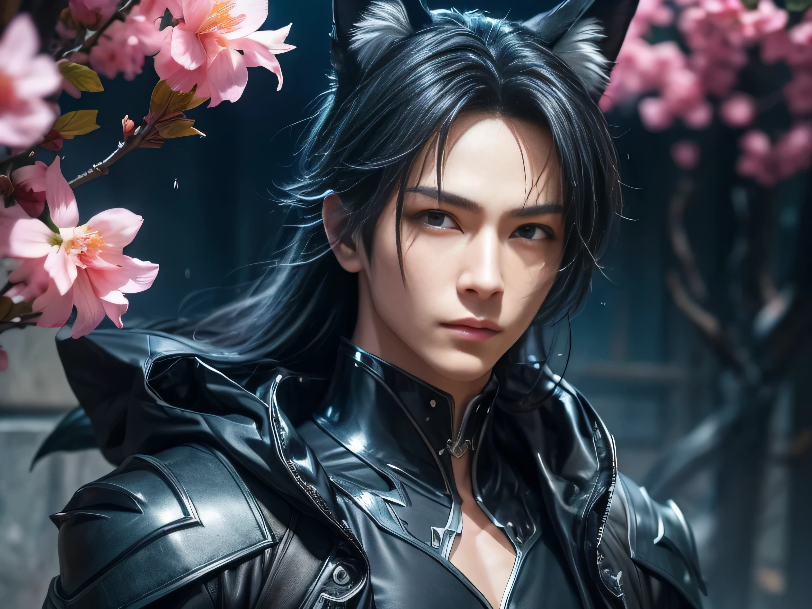 (Best Quality, 8K, Masterpiece, HDR, Soft Lighting, Picture Perfect, Realistic, Vivid), Nine Tails of a Black Fox (1.0), Tail of a Black Fox (1.0), Nine-Tailed Fox, Guy Fox with Black Hair, Fox ears and Blue Suit Sexy open leather suit, naked torso with developed body, beautiful fantasy anime, very handsome and cute fox guy, pink flower rain, background blur, anime fantasy, Gouves style work, realistic: 1.37, top view, lying in pink flowers, horizontal view, (ultra high quality fantasy art), masterpiece, male model, ultra high quality male character design, anime art with 8k development, realistic anime art, highest quality wallpaper illustrations, complex ultra high quality accurate male characters faces, high quality design and accurate physics (super high quality fantasy style)) art, dark fantasy)) Style), masterpieces, super high-quality characters, anime resolution - 8K, realistic anime art, wallpapers with the highest quality illustrations, ultra-high detail of faces, high-quality design and accuracy of physics), color, depth of field, shadows, ray tracing , production of high-quality computer wallpapers and 8K resolution, (Accurate simulation of the interaction of light and materials)], [High-quality hair detail [More about beautiful and shiny red hair]], (Beautifully detailed hands [perfect fingers [Perfect nails]], (perfect anatomy (perfect proportions)))) [[Full-length]], [Perfect combination of colors (Accurate imitation of the interaction of light and material)], [art that conveys the meaning of the story]