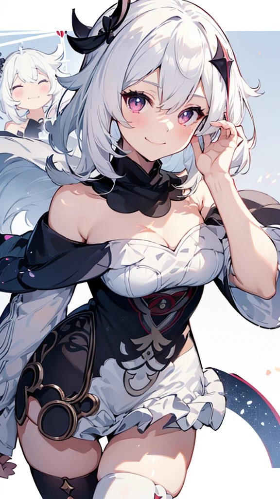 off the shoulder dress，a girl，swimsuit，white hair，Genshin，Paimon，genshin，Show your waist，Smile，portrait，sexy，lolita