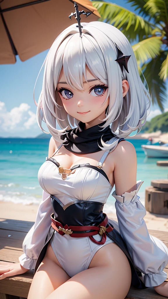 off the shoulder dress，a girl，swimsuit，white hair，Genshin，Paimon，genshin，Show your waist，Smile，portrait，sexy，lolita