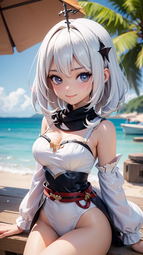 off the shoulder dress，a girl，swimsuit，white hair，genshin，paimon，genshin，show your waist，smile，portrait，sexy，lolita