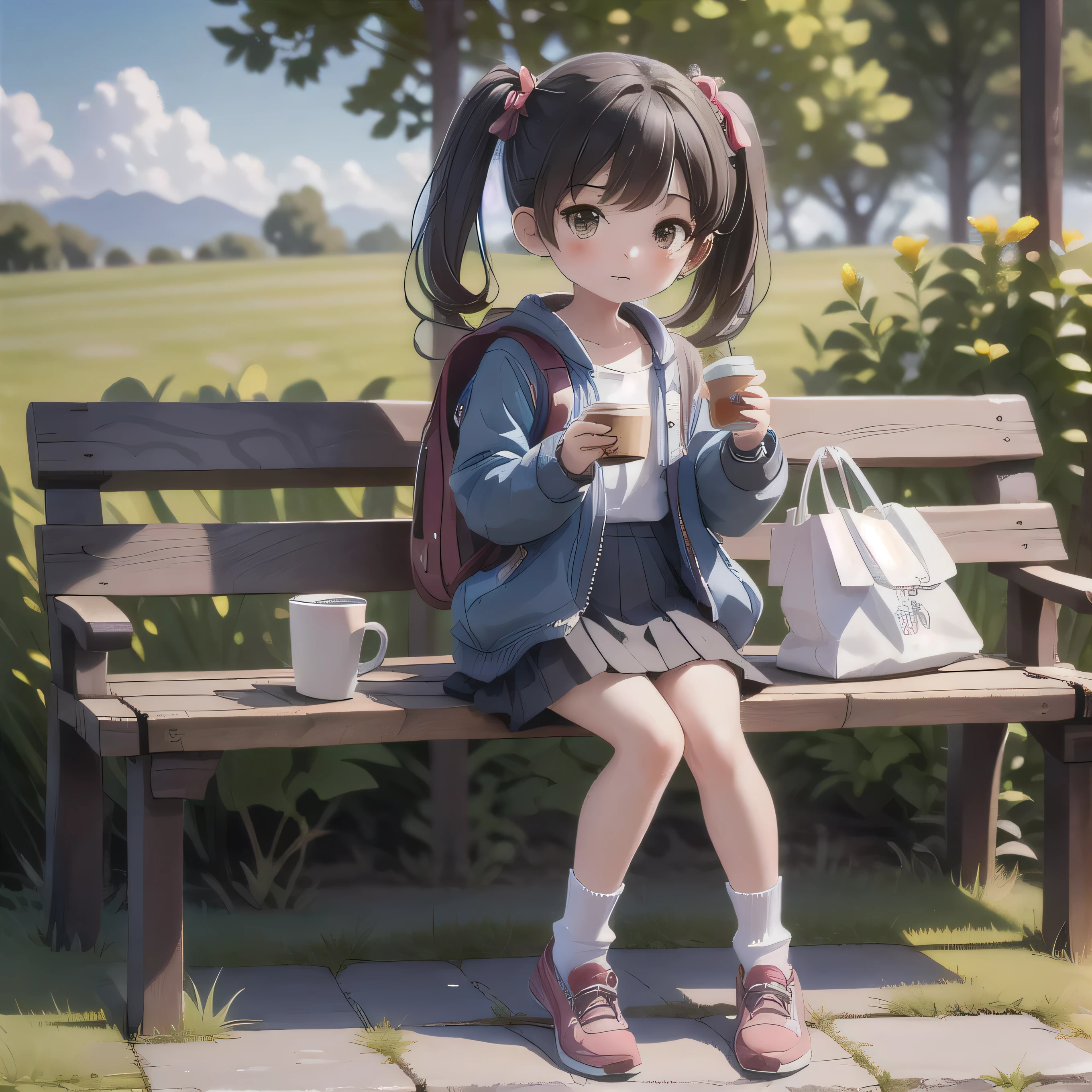 masterpiece，highest quality，One Girl，alone,Backpack，drinking，bag，Twin tails，Sitting，Black Hair，waist clothes，Brown eyes，Outdoor，mini skirt，drinking straw，socks，Jacket around waist，Jacket，Sunburn，Ground vehicles，cup，drink，Long Hair，Day，scenery，Brown Hair，bench，Power lines，Grass，a bit，Hamburger paper bag，