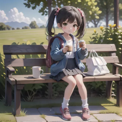 masterpiece，highest quality，One Girl，alone,Backpack，drinking，bag，Twin tails，Sitting，Black Hair，waist clothes，Brown eyes，Outdoor，...