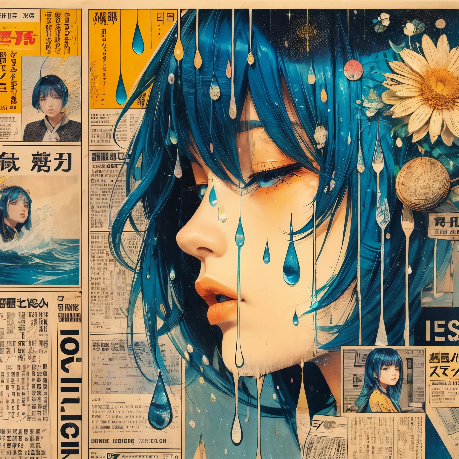 Newspaper collage, magazine collage, illustration of a girl with blue hair, art print, in the style of dark yellow and light azure, water drops, bold manga lines, the stars art group (xing xing) , i can't believe how beautiful this is, dark yellow and orange, hyper-detailed --ar 71:98 --stylize 750 --v 6