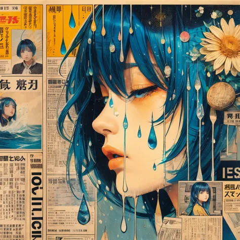 Newspaper collage, magazine collage, illustration of a girl with blue hair, art print, in the style of dark yellow and light azu...