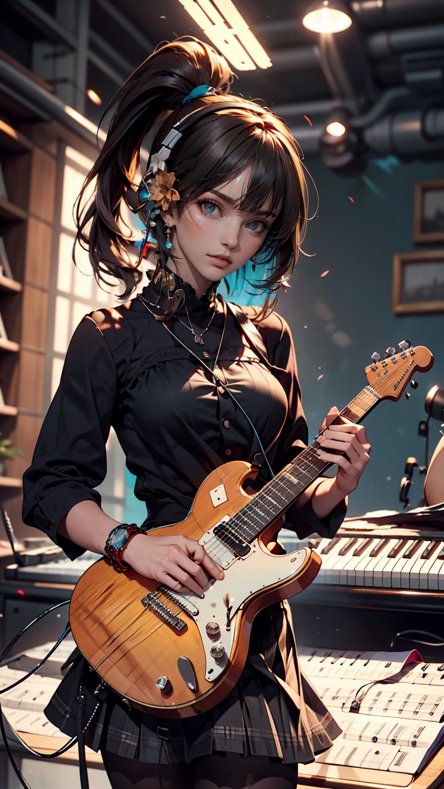 ((chef-d&#39;œuvre, la plus haute qualité))Une fille, seul, robe noire, yeux bleus, Guitare électriquee, guitare, écouteurs, double chignon, tenant, tenant plectrum, musiqueal instrument, cheveux longs, musique, un côté vers le haut, Cheveux Turquoises, Queues jumelles, guitareを弾く, jupe plissée, Chemise noire, intérieur