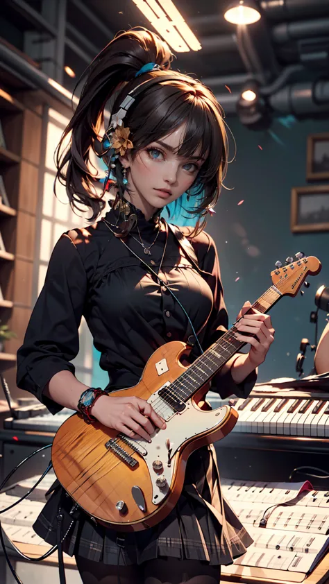 ((masterpiece, highest quality))One girl, alone, Black Dress, blue eyes, electric guitar, guitar, Headphones, Double Ponytail, H...