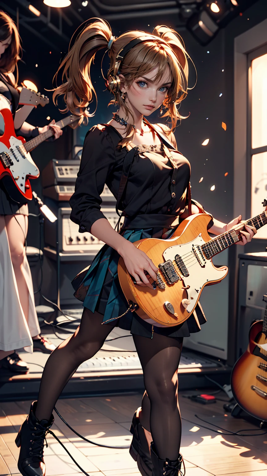 ((masterpiece, highest quality))One girl, alone, Black Dress, blue eyes, electric guitar, guitar, Headphones, Double Ponytail, H...