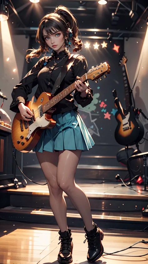 ((masterpiece, highest quality))One girl, alone, Black Dress, blue eyes, electric guitar, guitar, Headphones, Double Ponytail, H...