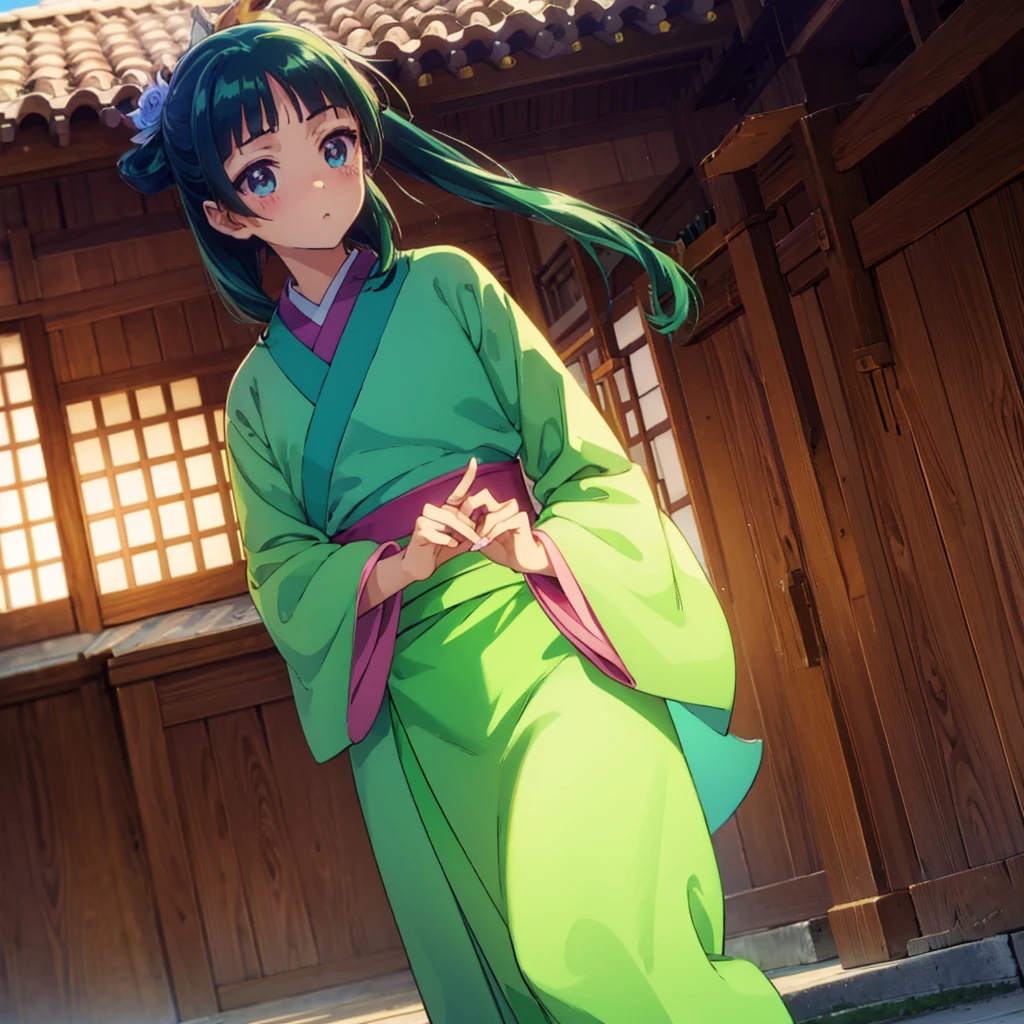 ((Maomao　Green kimono)))　((Standing in the field　Sunshine　Blushing　Dance))　(Shining Background　Shining Edge)