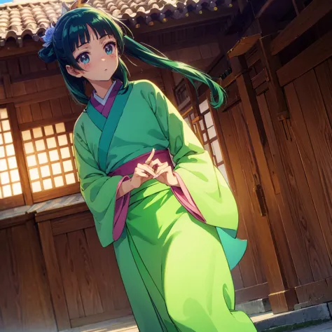 ((maomao　green kimono)))　((standing in the field　sunshine　blushing　dance))　(shining background　shining edge)