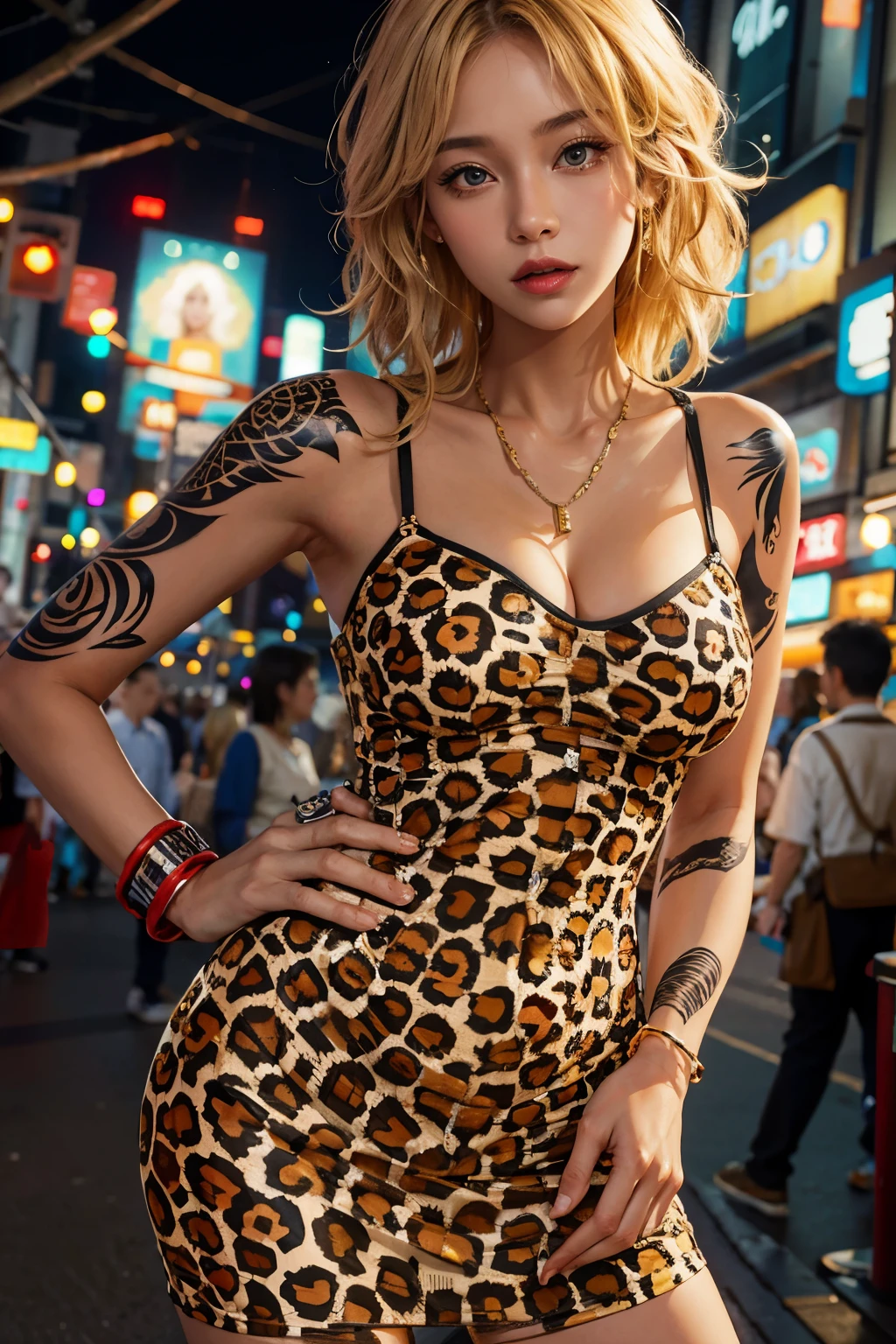 Realistic, High resolution, Soft Light,1 japanese female, alone, Hip Up, Glowing Skin, (Detailed face),tattoo, Leopard print tight dress, night, Blonde Hair, Wavy Hair, spouse, Eyes that beckon, The spouse&#39;s perspective, Attractive look, Sexy smile, Perfect Style, Perfect balance, Fine skin, Naughty look, I can see your chest, huge firm bouncing bust, midnight city, Shinsaibashi Osaka Japan