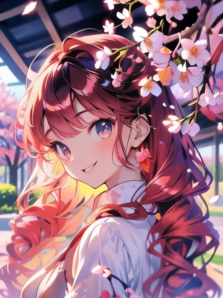 Masterpiece、Delicate eyes、smile、Anime Girls, Red Hair、可愛いAnime Girls、smile、((cherry blossoms))、たくさんのcherry blossomsフラクタルアート、Gwaiz、Garden、Flower Garden