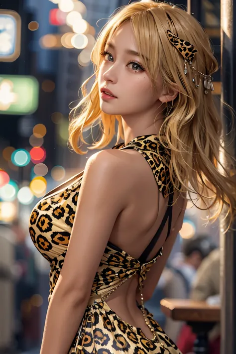 Realistic, High resolution, Soft Light,1 japanese female, alone, Hip Up, Glowing Skin, (Detailed face),tattoo, Leopard print tig...