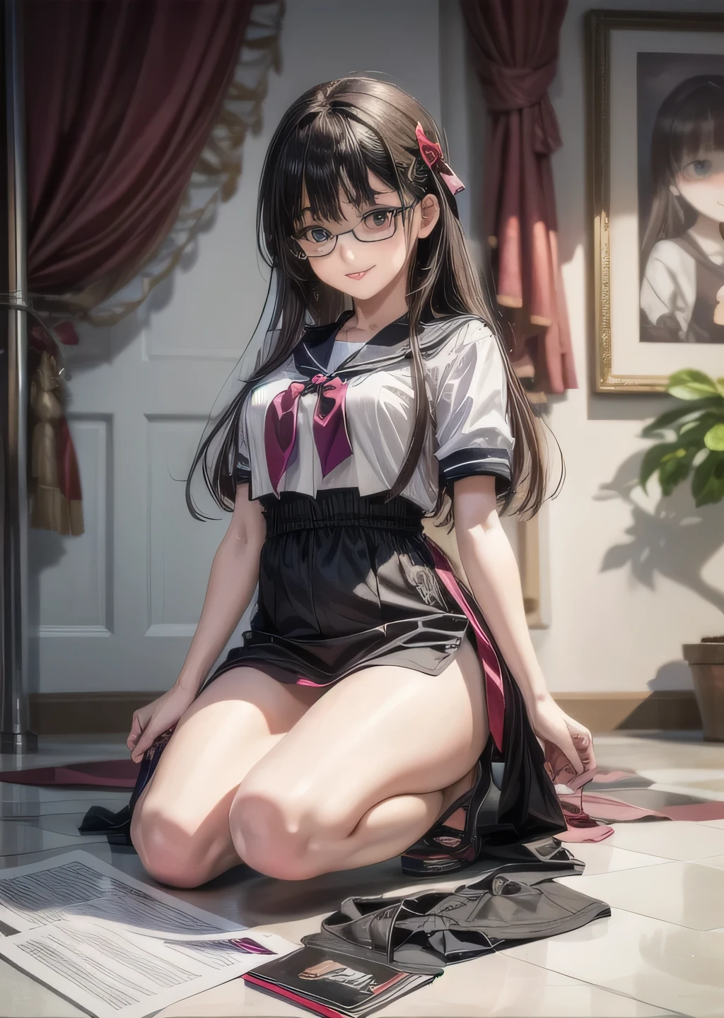  (highest quality:1.4), (High resolution:1.2), Sharp contours, Long Hair, highest quality, masterpiece,Glasses,Voice of the Heart,yandere,Full Body Shot,20-year-old woman,yandere,Big Breasts,Ecstasy,saliva,blush,Squint your eyes,Heterochromia iridis,Tuck up your clothes,