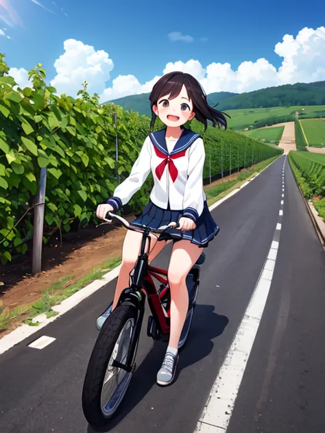Realistic，Sailor suit, mini skirt，Laughter, cute, accessories, A girl riding a racer-type bike along a road in a vineyard in sum...