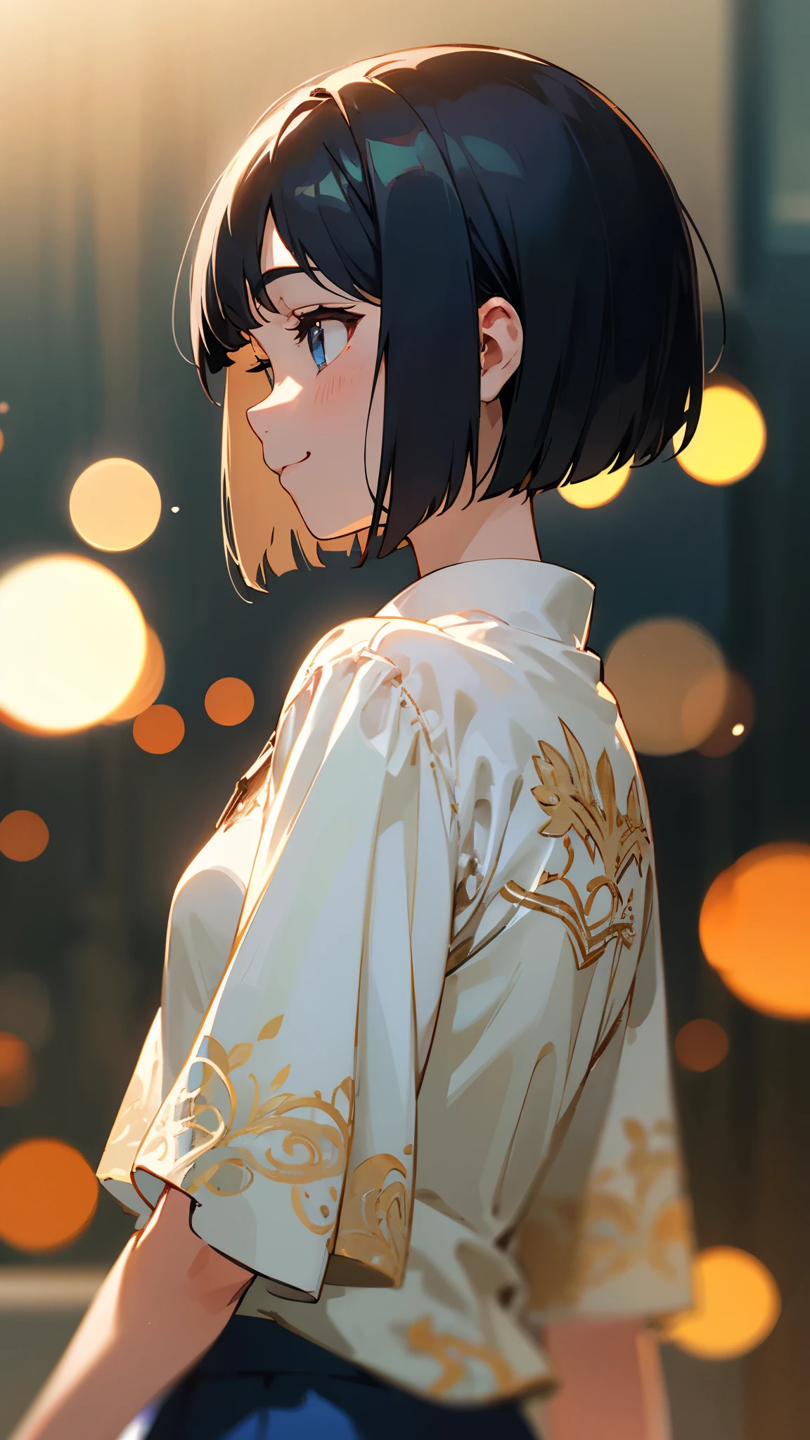 1 girl、8k、Sharp focus、(Bokeh) (highest quality) (Detailed skin:1.3) (Intricate details) (anime)、Shiny black hair、Short Bob Cut、calm and calm look、Delicate portrait、、profile、Upper body close-up、smile、Blue Skirt、indoor