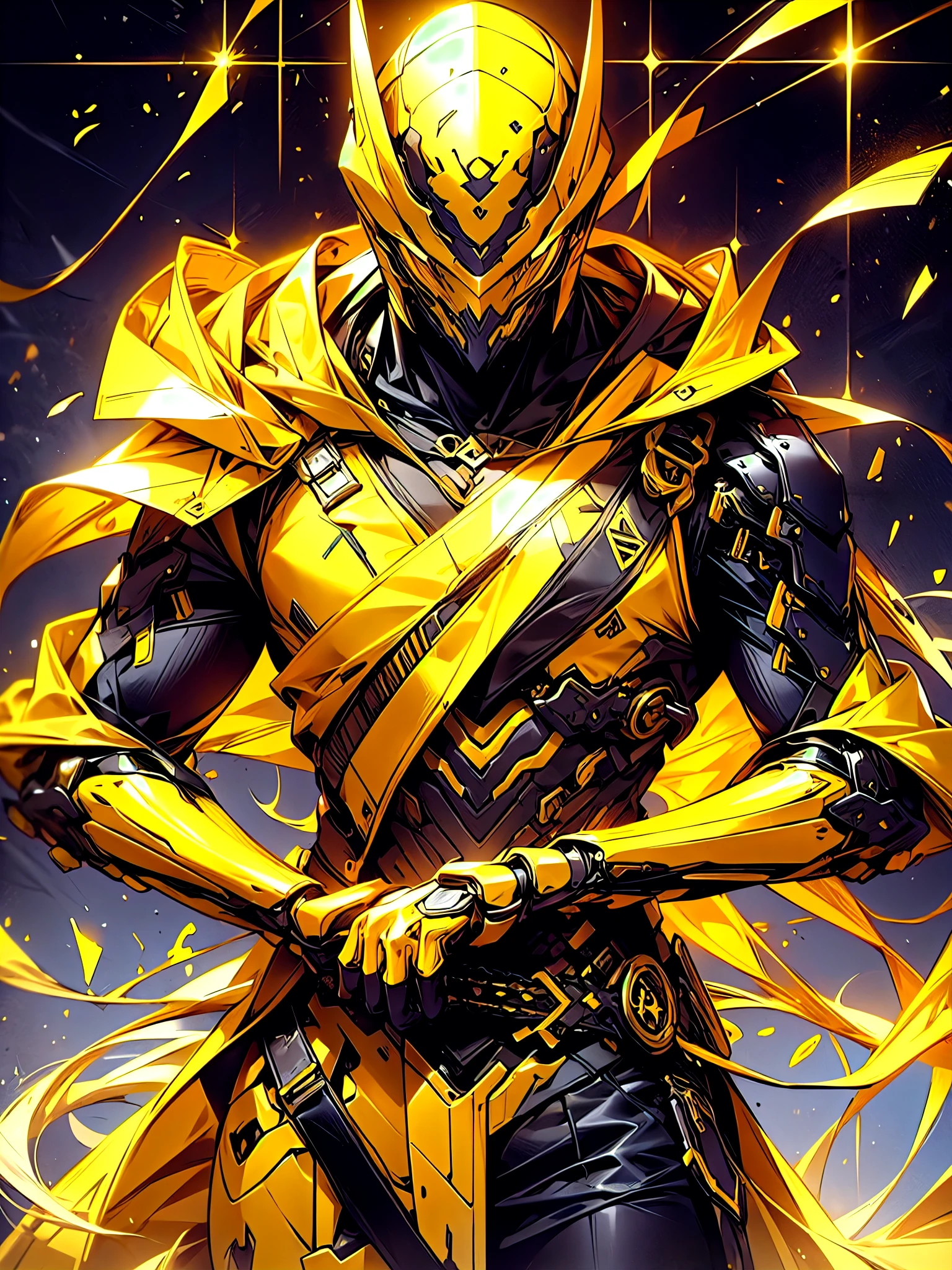 un homme vêtu d&#39;une veste jaune et d&#39;un pantalon jaune debout en position de combat dynamique pose dans une pièce sombre, porter une robe jaune de sectateur, tenue de couleur dorée, Personnage de Mortal Kombat, en tant que personnage de tekken, personnage de jeu de combat, assassin cyberpunk, mage à capuche jaune doré, tenues cyberpunk, vêtements jaune doré, le ninja jaune, porter une armure d&#39;assassin en cuir, Un assassin adolescent énervé, veste jaune cool, crétin de rue cyberpunk,