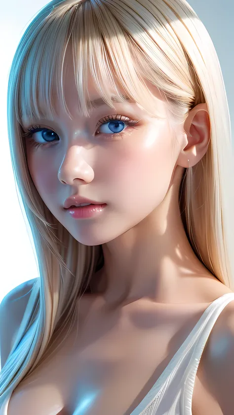 White Background,Upper body close-up、 Glossy, firm and radiant skin, Bangs between the eyes, Beautiful, shiny, super long platin...