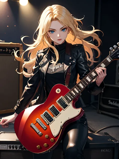 high-quality picture, masterpiece, 4k, animated beauty, long blonde hair, hair dancing in the wind, rock girl, rider's jacket, l...