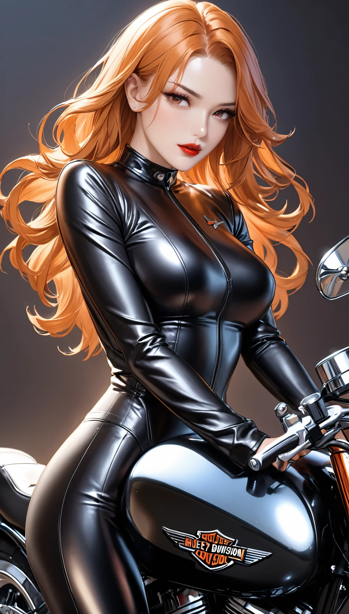 best quality, super fine, 16k, incredibly absurdres, extremely detailed, delicate and dynamic, cool and beautiful pretty woman, orange hair, crimson lips, captivating look, aroused expression, superlative body proportion, wearing fitted motorcycle shiny seamless black leather jumpsuit, beautiful pose, Harley Davidson