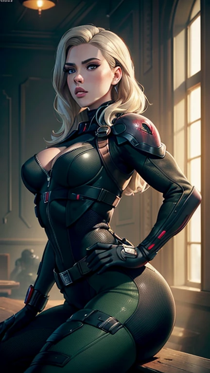 (masterpiece, top quality, best quality, official art, beautiful and aesthetic:1.2),(Scarlett Johansson),(Platinum Blonde Hair),(Detailed Ass),(Detailed eyes),(Green Eyes),(Detailed Nose),(Detailed Lips),(Detailed Thighs),(Detailed Feets)(Goth Makeup),(Green Tactical Vest),(Detailed widow bite glovelettes),Engaged in strategic planning, Black Widow sits with poise and focus, her tight suit showcasing her athletic physique, including the firmness of her buttocks. With a sharp mind and keen intuition, she formulates plans with precision and efficiency.